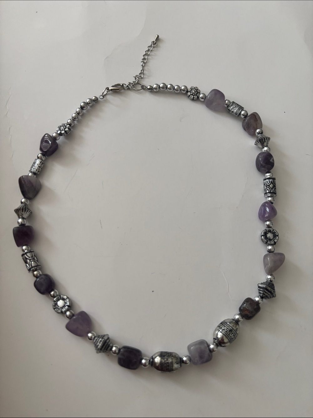 Purple Amethyst Bead Necklace with Silver Accents